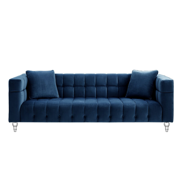 Homeroots 88" Navy Blue Velvet Sofa And Toss Pillows With Clear Legs Navy  543979