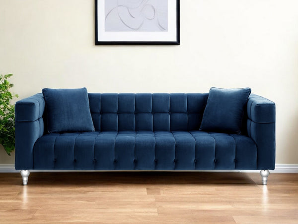 Homeroots 88" Navy Blue Velvet Sofa And Toss Pillows With Clear Legs Navy  543979