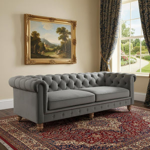 HomeRoots 93" Dark Gray Velvet Chesterfield Sofa - Classic Elegance with Modern Comfort for Stylish Living Spaces 543983