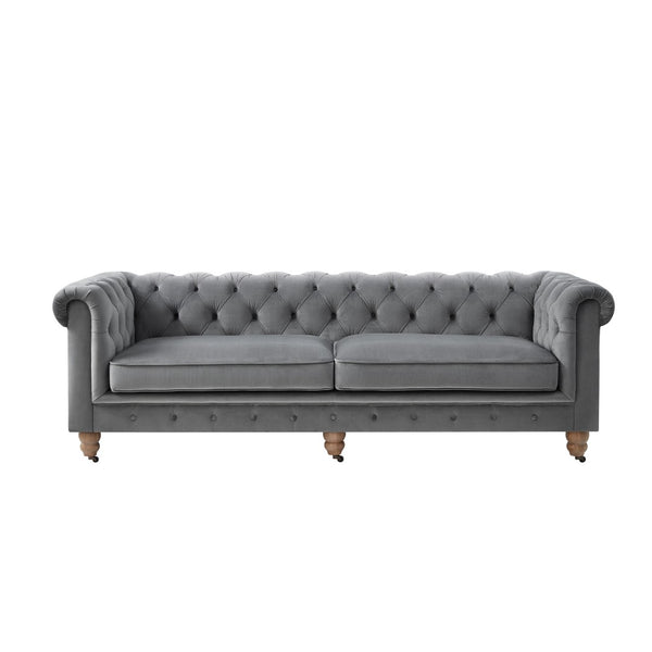 HomeRoots 93" Dark Gray Velvet Chesterfield Sofa - Classic Elegance with Modern Comfort for Stylish Living Spaces 543983