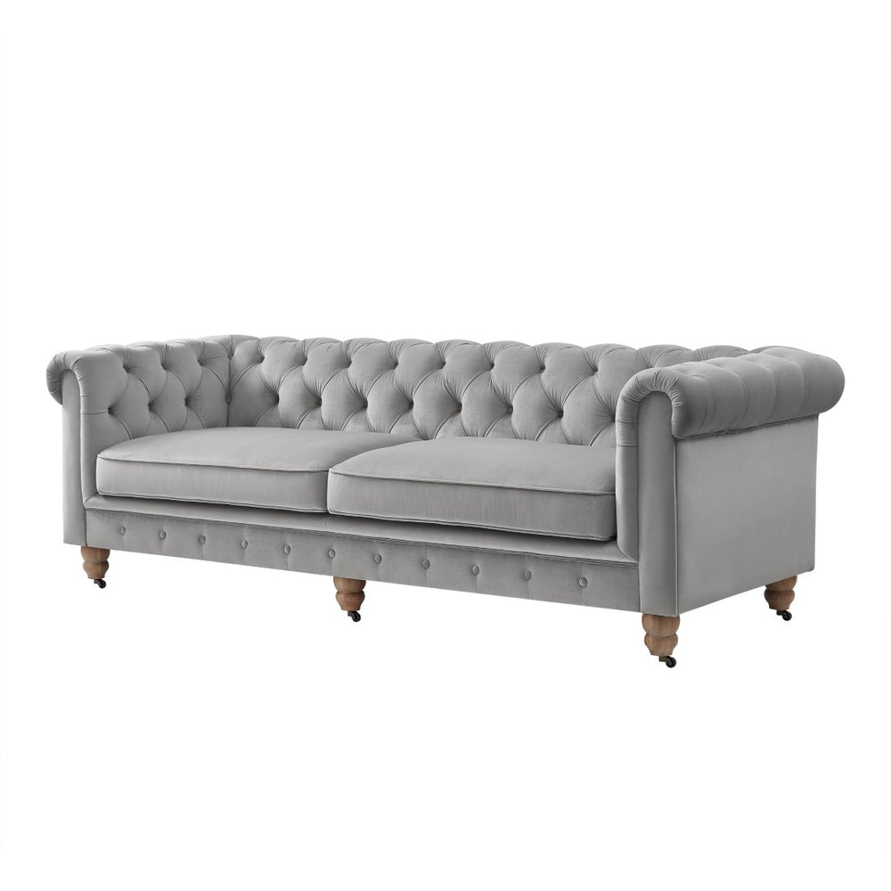 HomeRoots 93" Gray Velvet Chesterfield Sofa - Elegant Tufted Design with Solid Wood Base for Timeless Style 543984