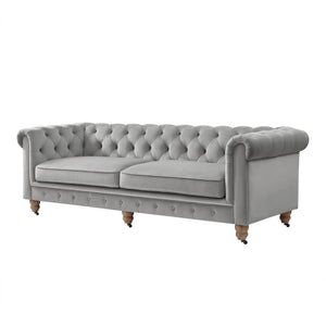HomeRoots 93" Gray Velvet Chesterfield Sofa - Elegant Tufted Design with Solid Wood Base for Timeless Style 543984