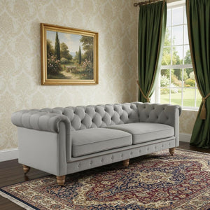 HomeRoots 93" Gray Velvet Chesterfield Sofa - Elegant Tufted Design with Solid Wood Base for Timeless Style 543984