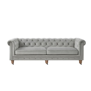 HomeRoots 93" Gray Velvet Chesterfield Sofa - Elegant Tufted Design with Solid Wood Base for Timeless Style 543984