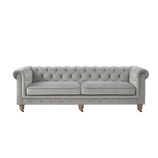 HomeRoots 93" Gray Velvet Chesterfield Sofa - Elegant Tufted Design with Solid Wood Base for Timeless Style 543984