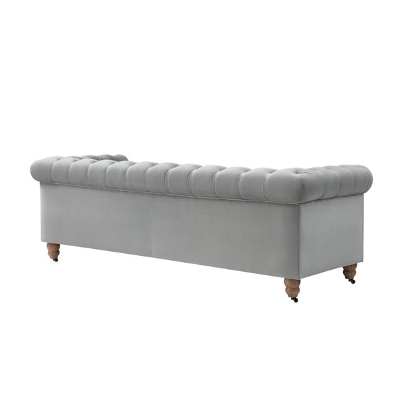 HomeRoots 93" Gray Velvet Chesterfield Sofa - Elegant Tufted Design with Solid Wood Base for Timeless Style 543984