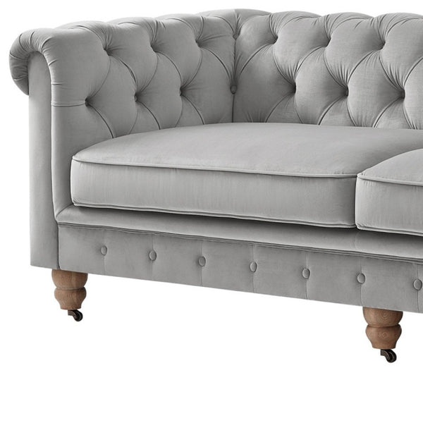 HomeRoots 93" Gray Velvet Chesterfield Sofa - Elegant Tufted Design with Solid Wood Base for Timeless Style 543984