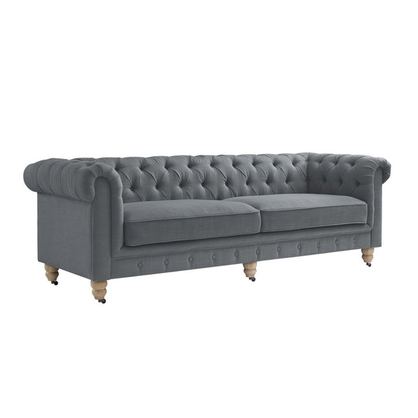 HomeRoots 92" Dark Gray Linen Chesterfield Sofa - Elegant, Durable Design with Tufted Back for Ultimate Comfort 543989