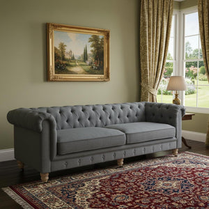 HomeRoots 92" Dark Gray Linen Chesterfield Sofa - Elegant, Durable Design with Tufted Back for Ultimate Comfort 543989