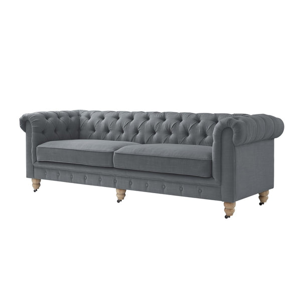 HomeRoots 92" Dark Gray Linen Chesterfield Sofa - Elegant, Durable Design with Tufted Back for Ultimate Comfort 543989