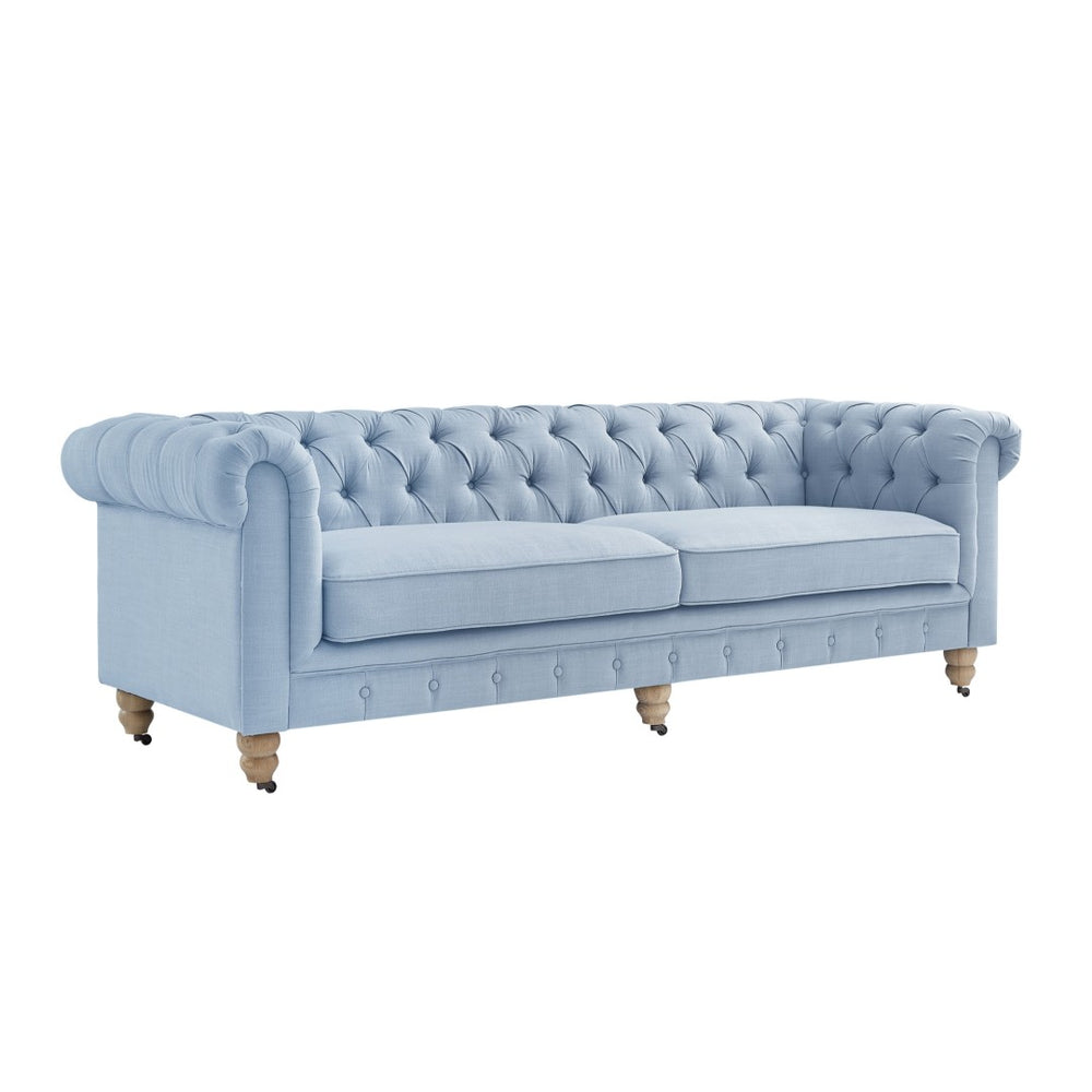 HomeRoots 92" Light Blue Linen Chesterfield Sofa - Stylish Tufted Design with Durable Wood Legs for Elegance 543990