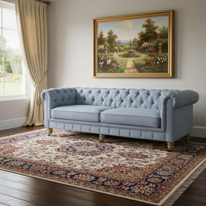 HomeRoots 92" Light Blue Linen Chesterfield Sofa - Stylish Tufted Design with Durable Wood Legs for Elegance 543990