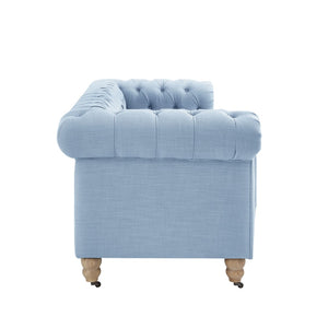 HomeRoots 92" Light Blue Linen Chesterfield Sofa - Stylish Tufted Design with Durable Wood Legs for Elegance 543990
