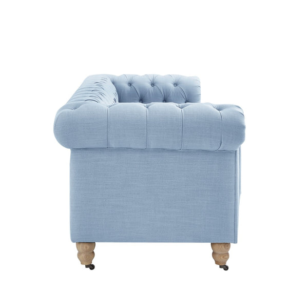 HomeRoots 92" Light Blue Linen Chesterfield Sofa - Stylish Tufted Design with Durable Wood Legs for Elegance 543990