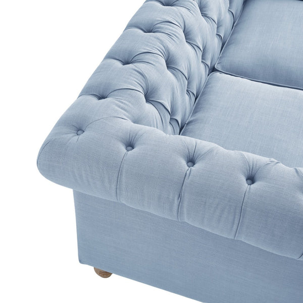 HomeRoots 92" Light Blue Linen Chesterfield Sofa - Stylish Tufted Design with Durable Wood Legs for Elegance 543990