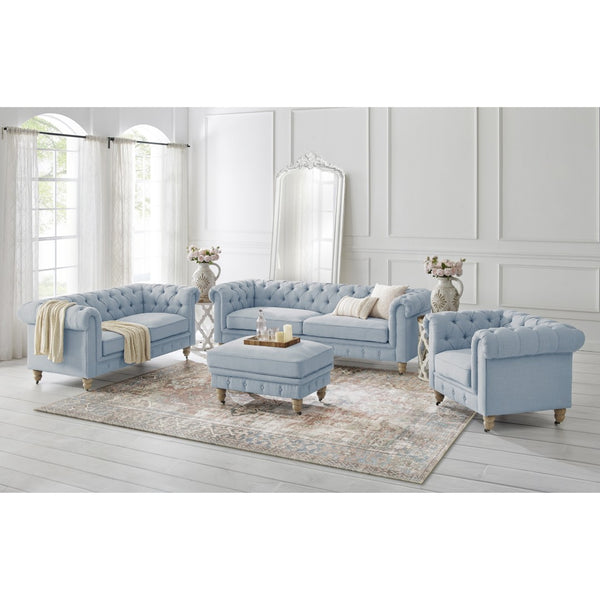 HomeRoots 92" Light Blue Linen Chesterfield Sofa - Stylish Tufted Design with Durable Wood Legs for Elegance 543990