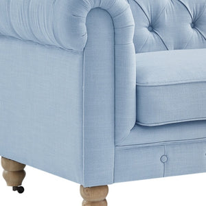 HomeRoots 92" Light Blue Linen Chesterfield Sofa - Stylish Tufted Design with Durable Wood Legs for Elegance 543990