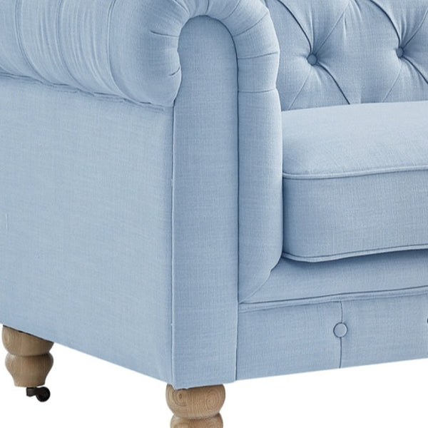 HomeRoots 92" Light Blue Linen Chesterfield Sofa - Stylish Tufted Design with Durable Wood Legs for Elegance 543990