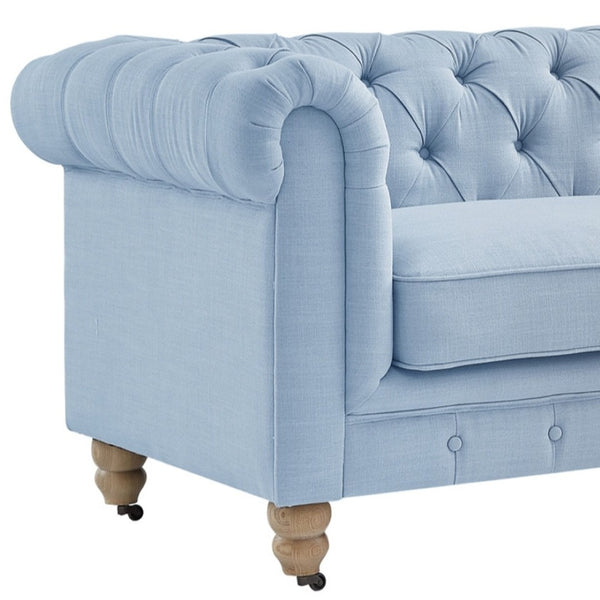 HomeRoots 92" Light Blue Linen Chesterfield Sofa - Stylish Tufted Design with Durable Wood Legs for Elegance 543990