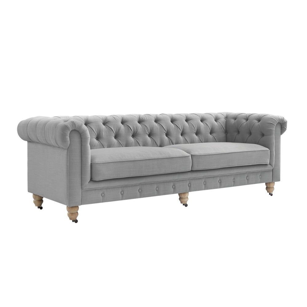 HomeRoots 92" Light Gray Linen Chesterfield Sofa - Elegant, Durable Comfort for Modern Living Spaces & Offices 543991