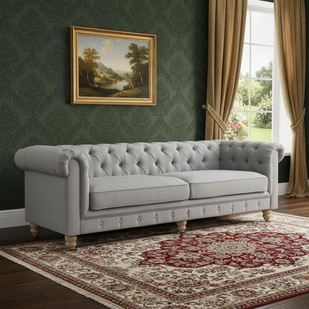 HomeRoots 92" Light Gray Linen Chesterfield Sofa - Elegant, Durable Comfort for Modern Living Spaces & Offices 543991