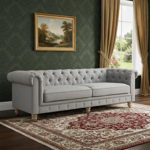 HomeRoots 92" Light Gray Linen Chesterfield Sofa - Elegant, Durable Comfort for Modern Living Spaces & Offices 543991