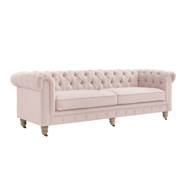 HomeRoots 92" Pink Linen Chesterfield Sofa – Elegant Tufted Design with Durable Wood Frame for Timeless Style 543992