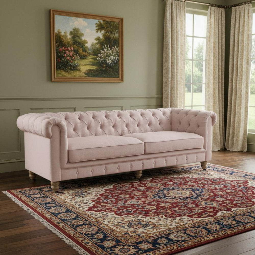 HomeRoots 92" Pink Linen Chesterfield Sofa – Elegant Tufted Design with Durable Wood Frame for Timeless Style 543992