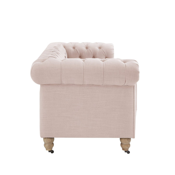 HomeRoots 92" Pink Linen Chesterfield Sofa – Elegant Tufted Design with Durable Wood Frame for Timeless Style 543992