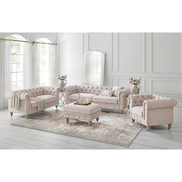 HomeRoots 92" Pink Linen Chesterfield Sofa – Elegant Tufted Design with Durable Wood Frame for Timeless Style 543992