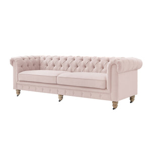 HomeRoots 92" Pink Linen Chesterfield Sofa – Elegant Tufted Design with Durable Wood Frame for Timeless Style 543992
