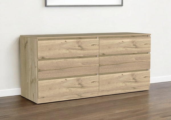 Homeroots 61" Natural Six Drawer Double Dresser  Manufactured Wood 543997