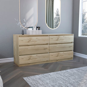 Homeroots 61" Natural Six Drawer Double Dresser  Manufactured Wood 543997