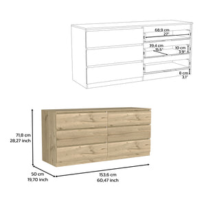 Homeroots 61" Natural Six Drawer Double Dresser  Manufactured Wood 543997