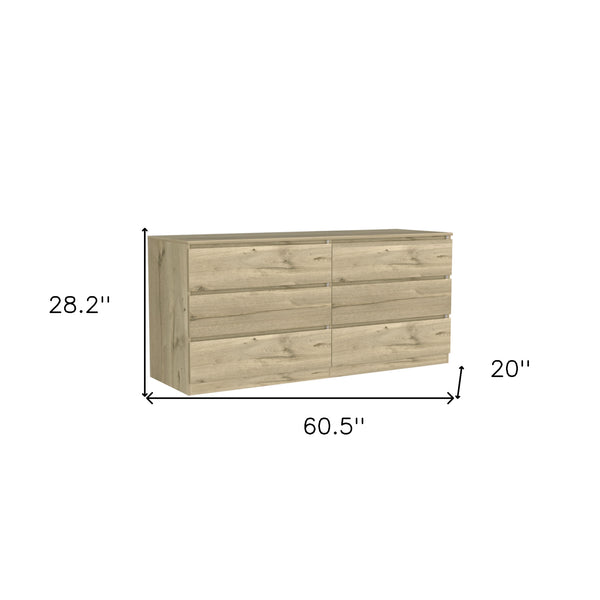 Homeroots 61" Natural Six Drawer Double Dresser  Manufactured Wood 543997
