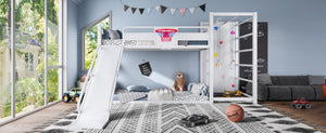 English Elm Twin Metal Loft Bed with Slide Basketball Hoop Climbing Wall and Built-in Shelves White W1580S00633