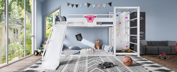 English Elm Twin Metal Loft Bed with Slide Basketball Hoop Climbing Wall and Built-in Shelves White W1580S00633