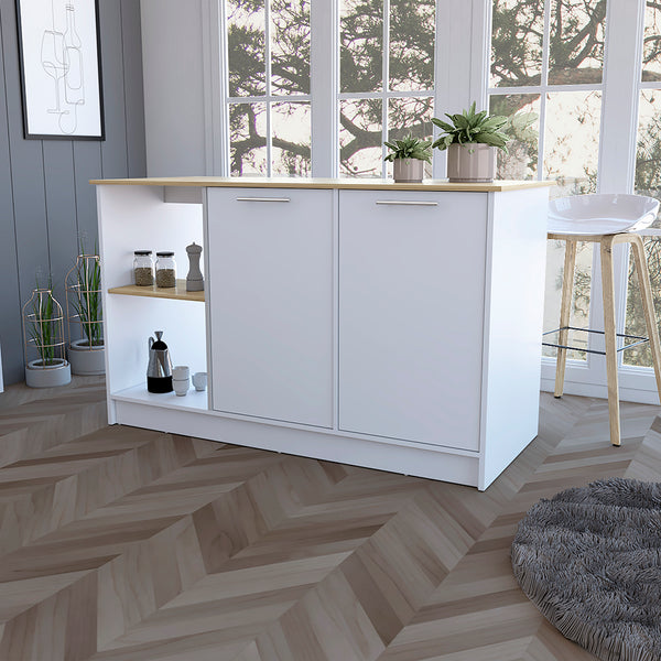 English Elm Mercury Kitchen Island with 59" Spacious Countertop, Dual Cabinets, Open Shelves & Modern Finishes B128S00038