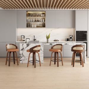 English Elm Swivel Counter Stools Set of 2 Rattan Back Pu Seat Mid Century Wood Frame Kitchen Yellow T3623P431183