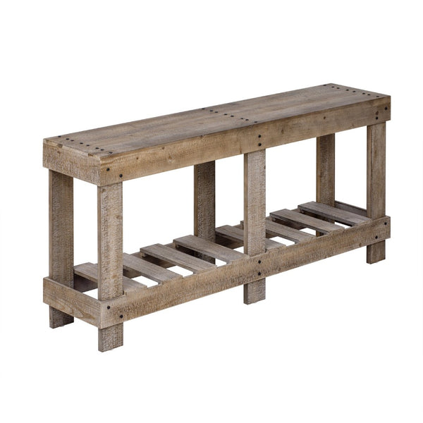 English Elm U_Style 62.9" Vintage Console Table - Solid Fir Wood, Antique Metal Rivets & Under-Shelf Storage Option N711P289135O-GIGA