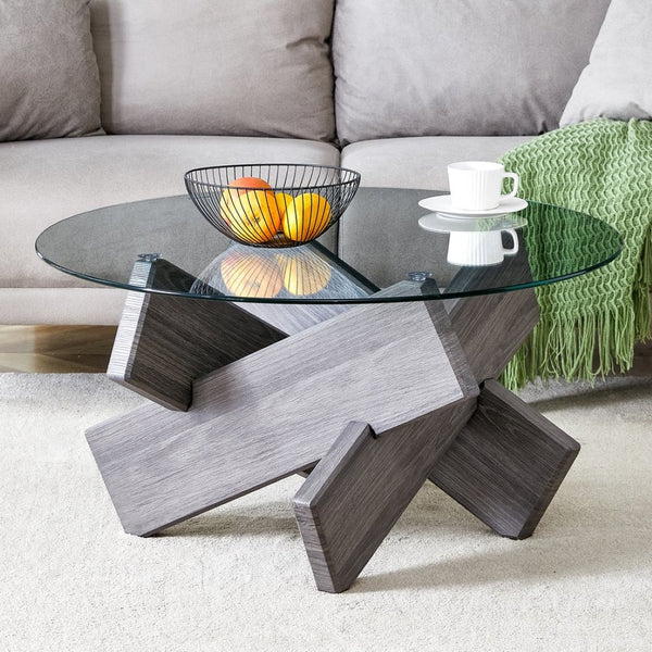 English Elm Round Tempered Glass Coffee Table with Sculptural Mdf Base for Modern Living Rooms Gray W1151P180317