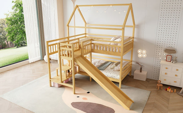 English Elm Full Bunk Bed with Trundle Bookshelf Storage Pine Frame Car Design for Kids Natural W1580S00303