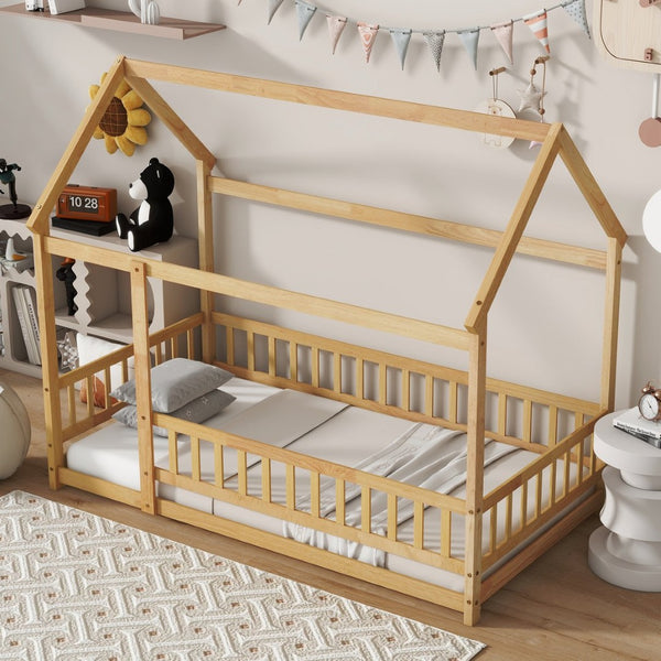 English Elm Twin House Shaped Floor Bed Solid Rubberwood Frame with Guardrails for Kids W504P370545