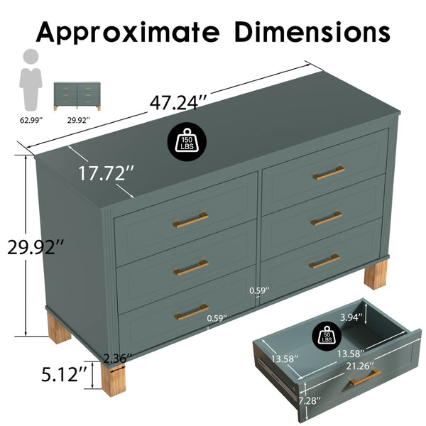 English Elm 6-drawer Solid Wood Dresser Mid-century Modern Gray Finish with Metal Bar Handles Light Green W1445P419755