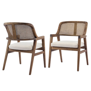 English Elm Mid-century Modern Dining Chairs Set of 2 Rattan Cane Back Rubberwood Upholstered Beige,Walnut N768P411344W