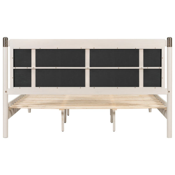 English Elm Solid Pine King Platform Bed with Upholstered Headboard and Industrial Metal Accents Grey,Light Grey N770PK361419E