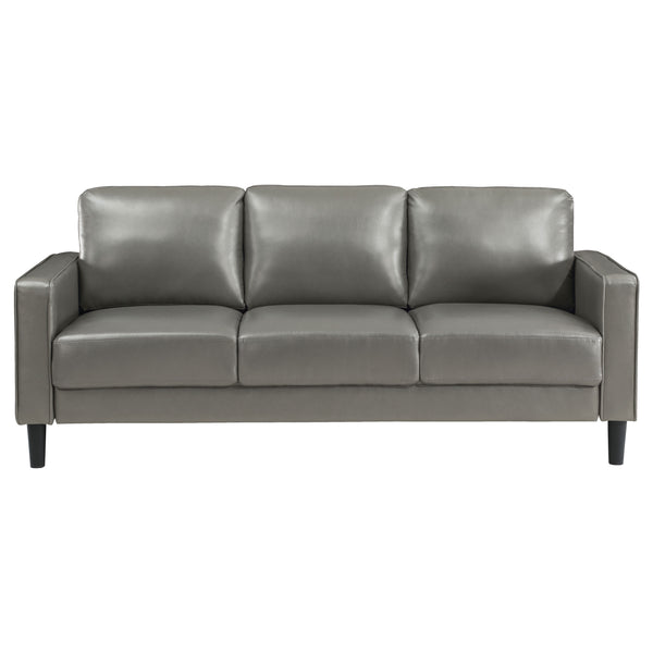 English Elm Farallone Faux Leather Track Arm Sofa with Tapered Legs, Sleek Modern Profile and Smooth Cushions for Compact Living Spaces Grey B062P354050