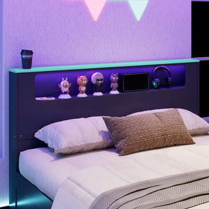 English Elm Full Size Wood Platform Daybed with Trundle Desk Rgb Led Lighting Gaming Bedroom Black+Blue LT000284AAC