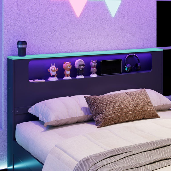 English Elm Full Size Wood Platform Daybed with Trundle Desk Rgb Led Lighting Gaming Bedroom Black+Blue LT000284AAC