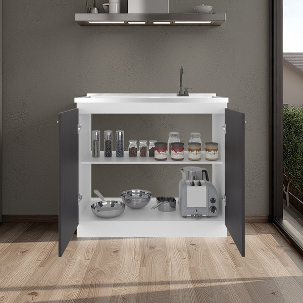 English Elm Zurich Freestanding Stainless Steel Utility Sink with Black Storage Cabinet for Garage Black & White Print B200S00458